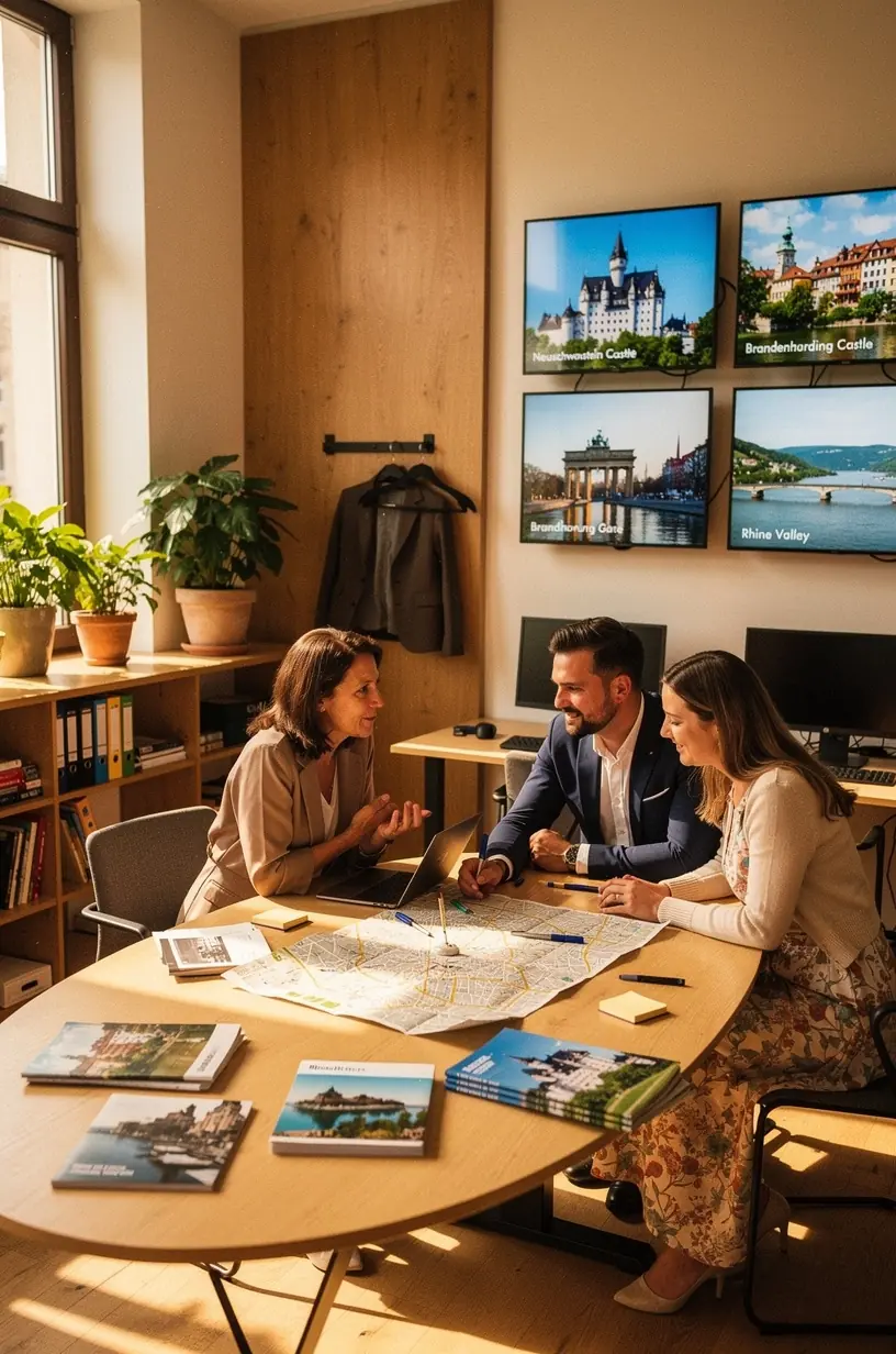 Professioneller Reiseberater im persönlichen Gespräch mit Kunden zur individuellen Planung einer hochwertigen Deutschlandreise.